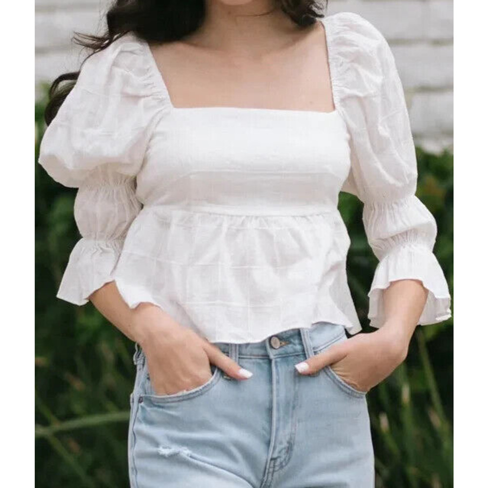 Storia Yasmine Babydoll Cropped Top Puff Sleeves Tie Back Women's Medium White